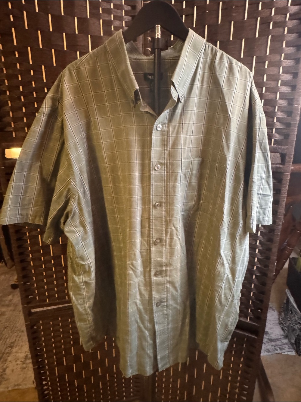 Van Heusen Olive Green Plaid Short-Sleeve Button-Down Shirt